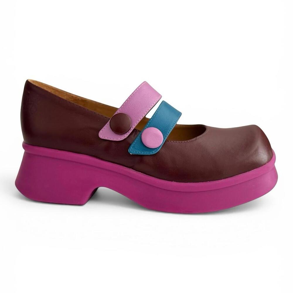 John Fluevog Harmony Rapport Mary Jane Shoe Burgundy Purple Leather Platform US8
